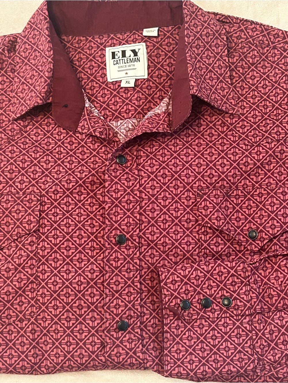 Ely Cattleman Men XL Burgundy Geometric Pearl Snap Western Shirt Cotton